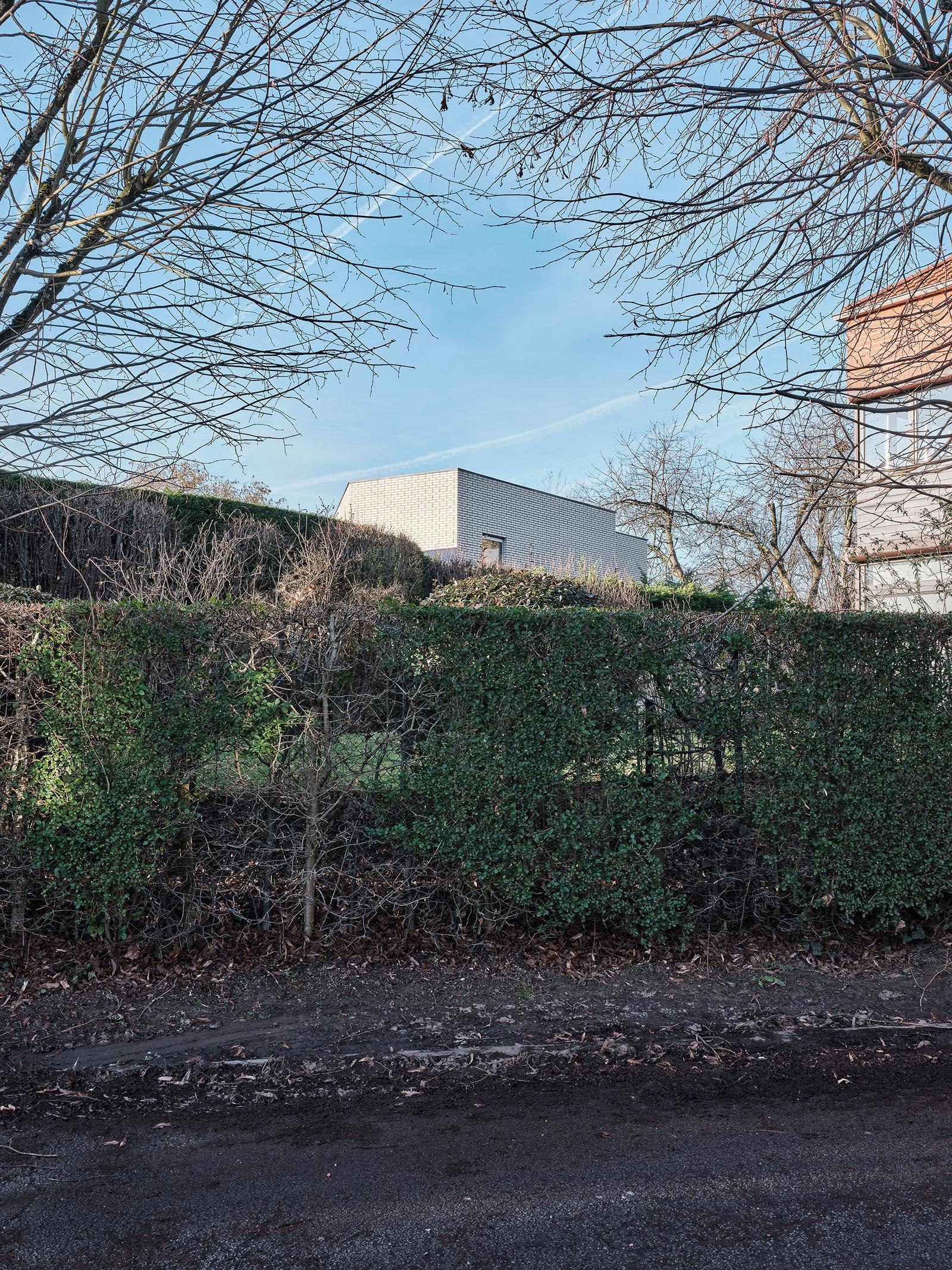 House roof and upper volume seen above a dense street hedge