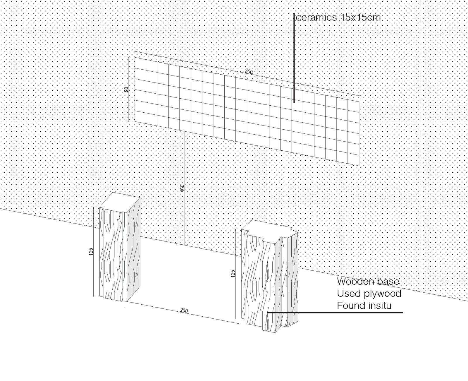 Construction drawing of a ceramic grid supported on timber bases