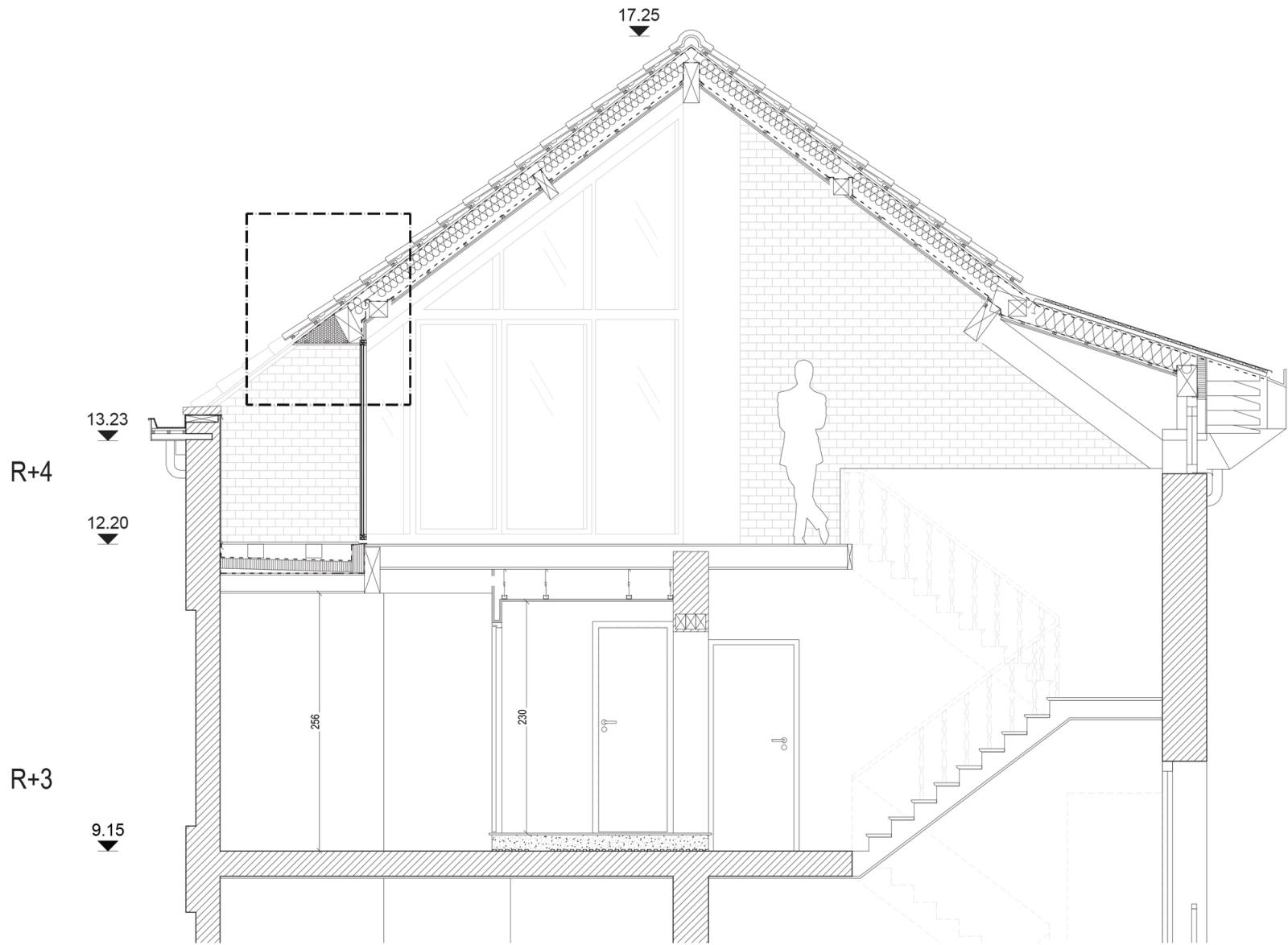 Section through the steep roof, stair and stacked rooms