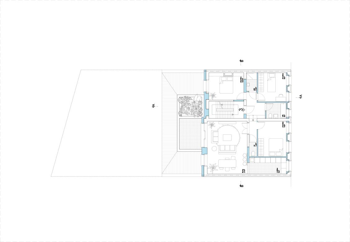 Residential floor plan with circulation along the party wall