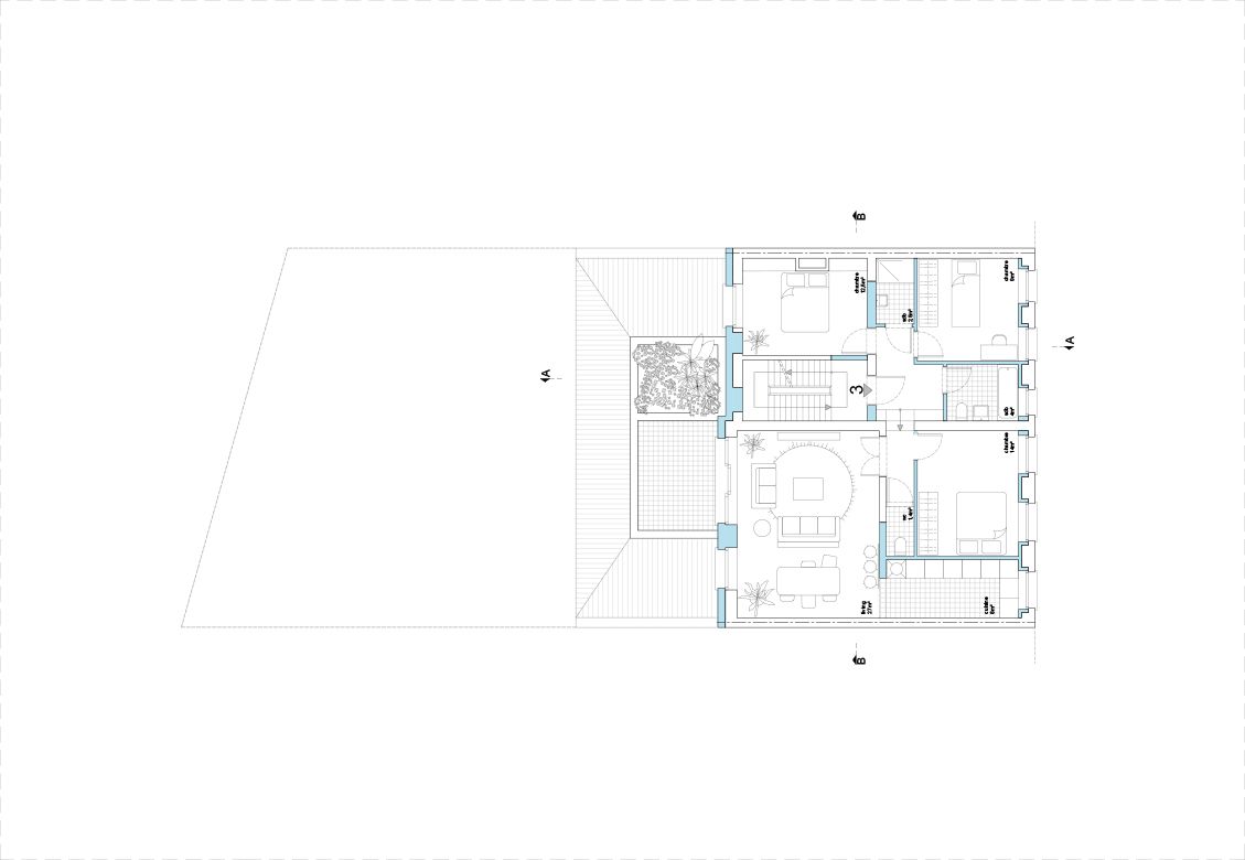 Residential floor plan with circulation along the party wall