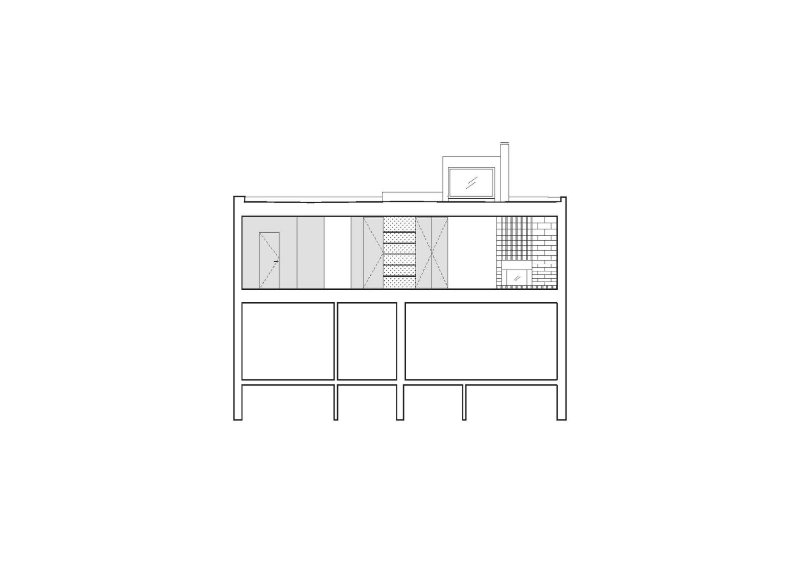 Cross-section through the rooftop volume and rooms below