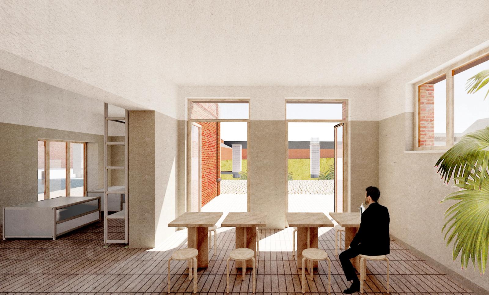 Dining hall with brick walls, timber floor and broad garden windows