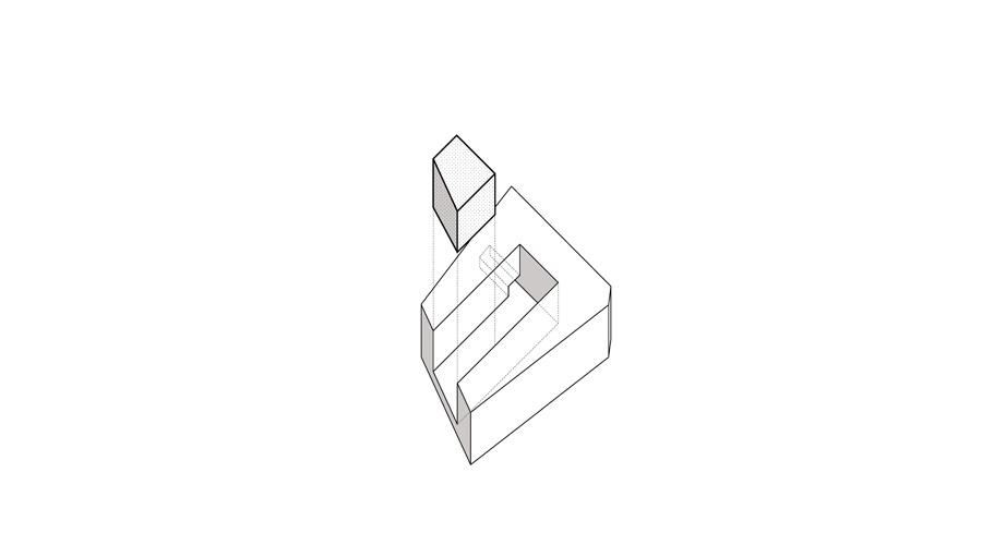 Axonometric diagram of the courtyard carved from the building mass