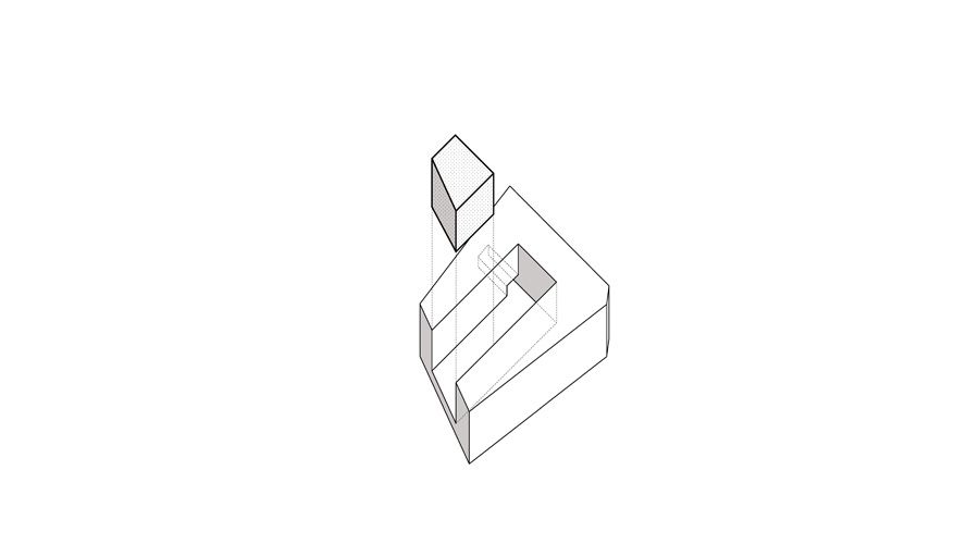 Axonometric diagram of the courtyard carved from the building mass