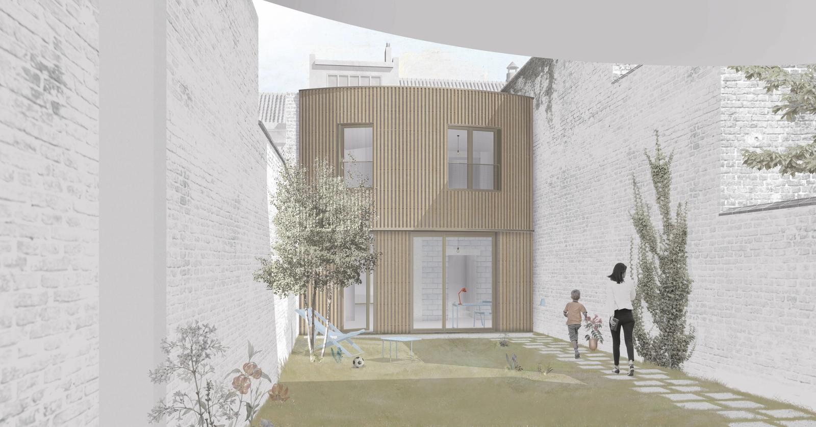 Garden view toward the rounded timber-clad infill house
