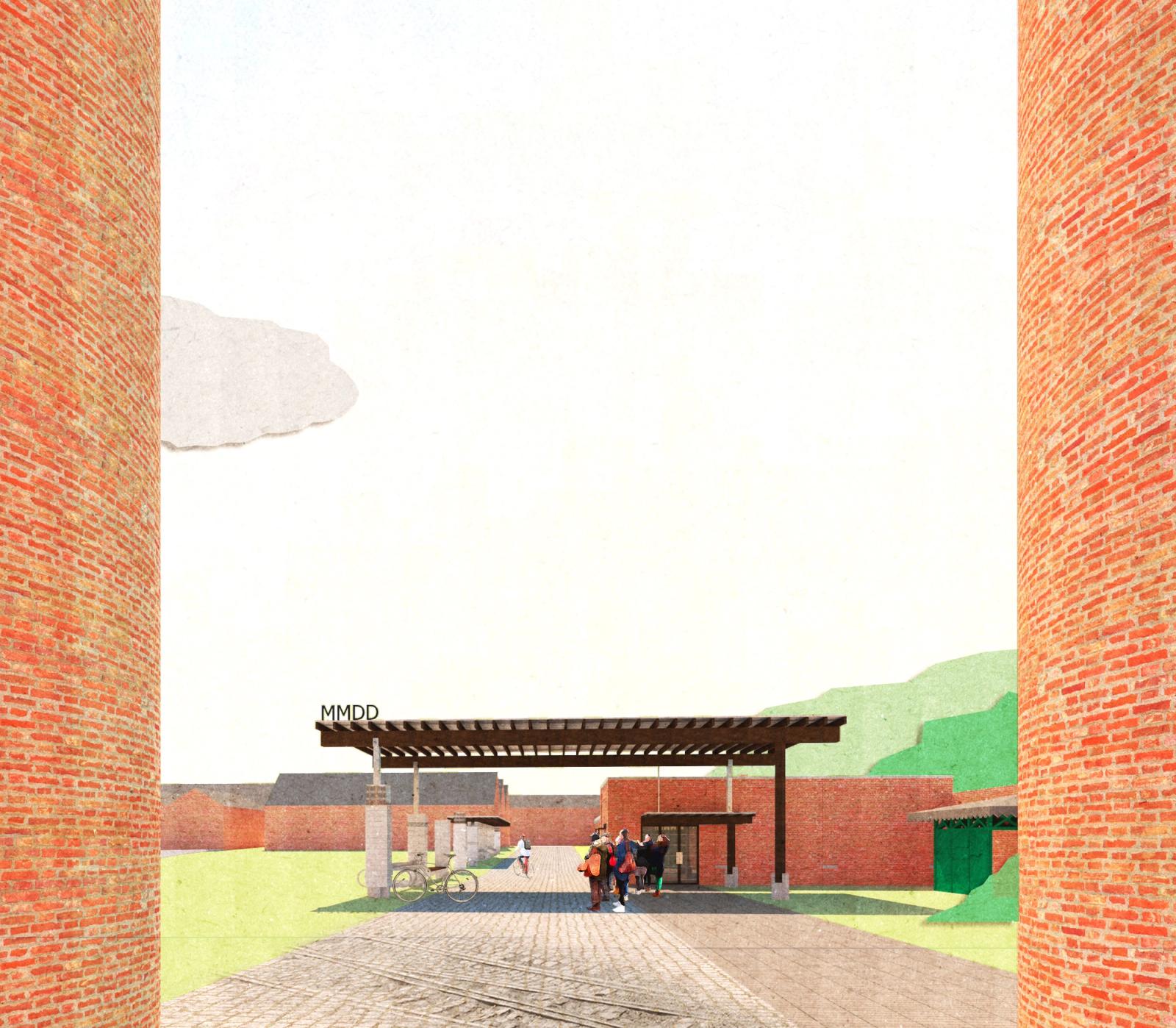 Pavilion seen between two tall red brick walls