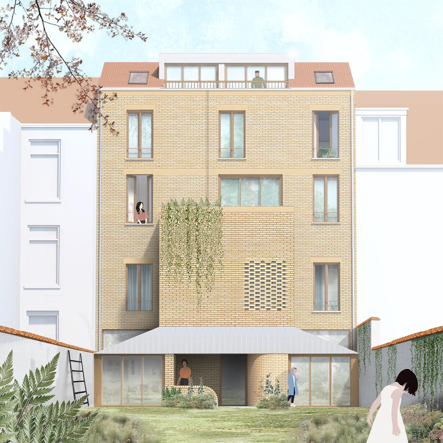 Rear rendering of a brick infill building with a rooftop penthouse