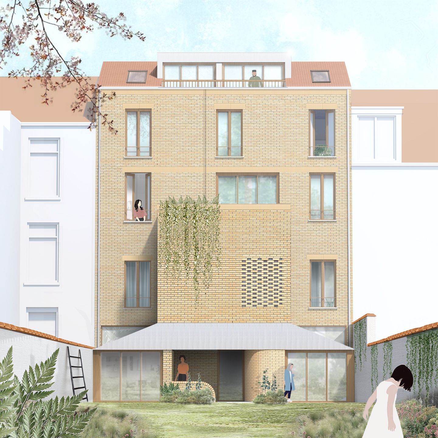 Rear rendering of a brick infill building with a rooftop penthouse