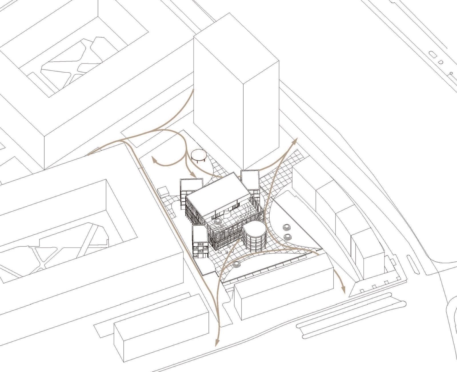 Axonometric site view of the central complex among surrounding buildings