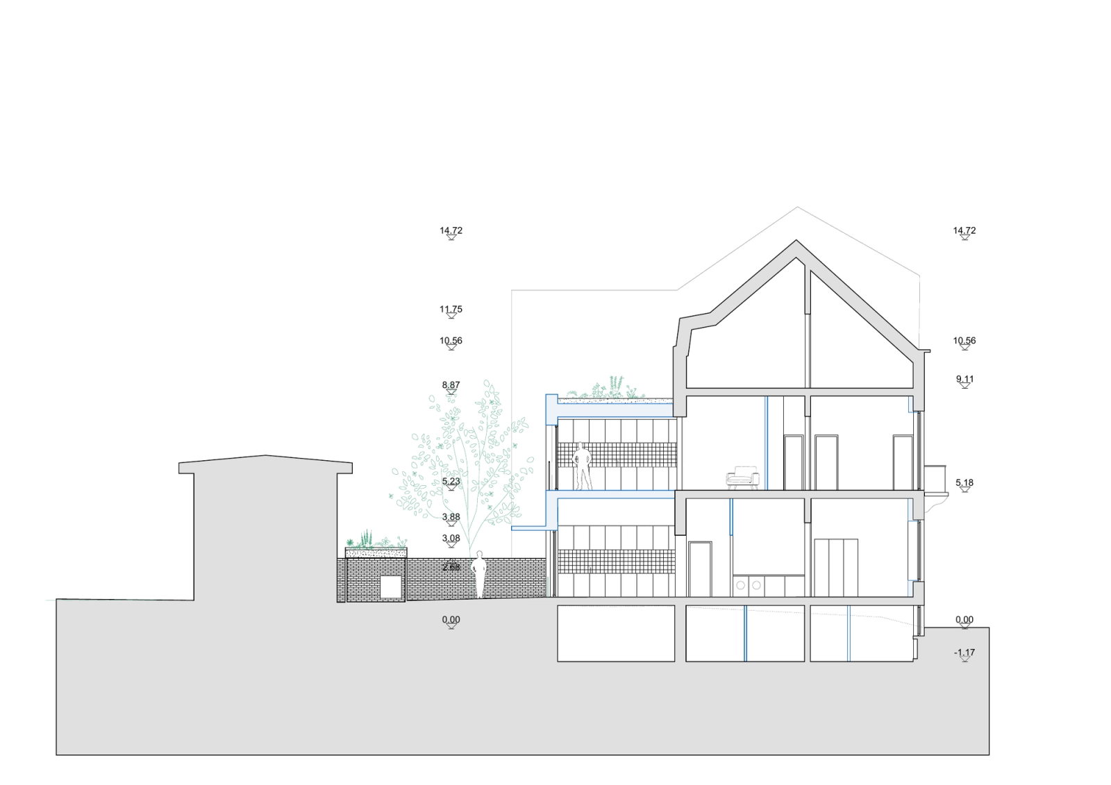 Building section showing the interior levels.