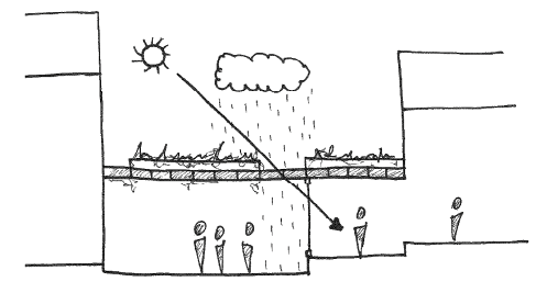 Section diagram showing the planted canopy providing shelter from sun and rain.