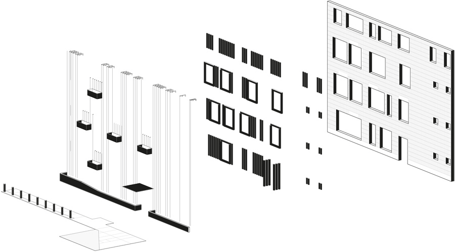 Exploded axonometric separating windows, screens and façade layers