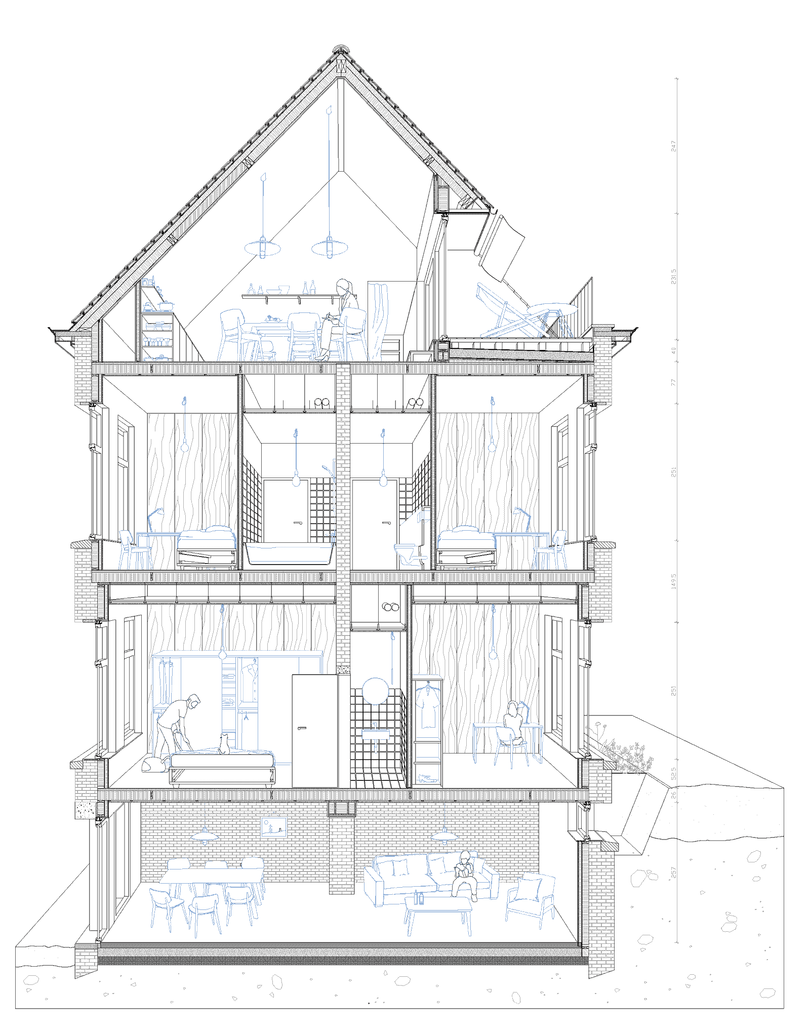Building section through the pitched-roof historic wing
