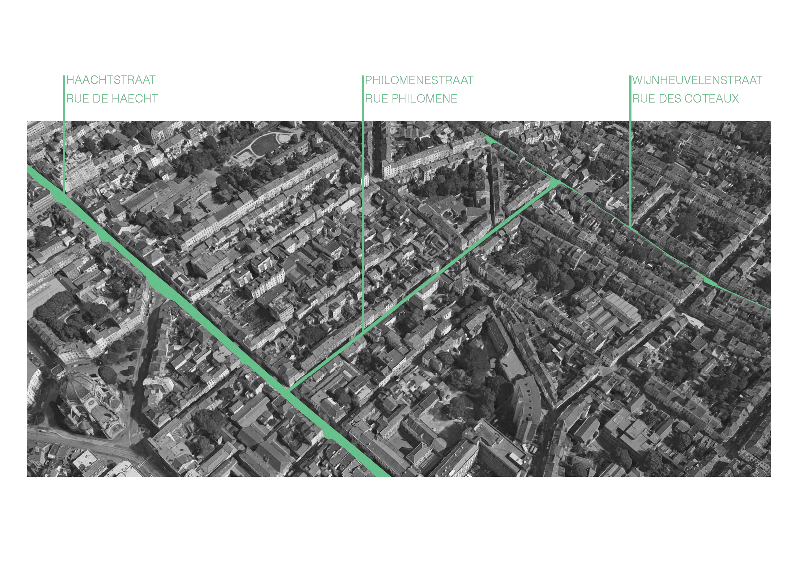 Aerial diagram marking three green movement corridors through the city