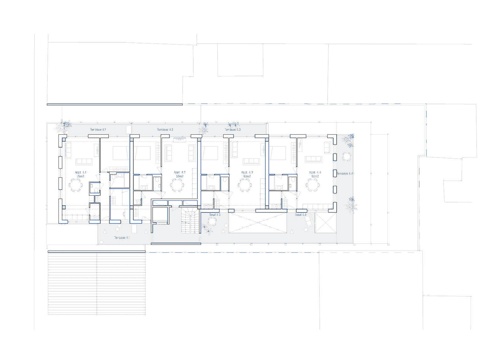 Floor plan with communal spaces surrounded by smaller rooms