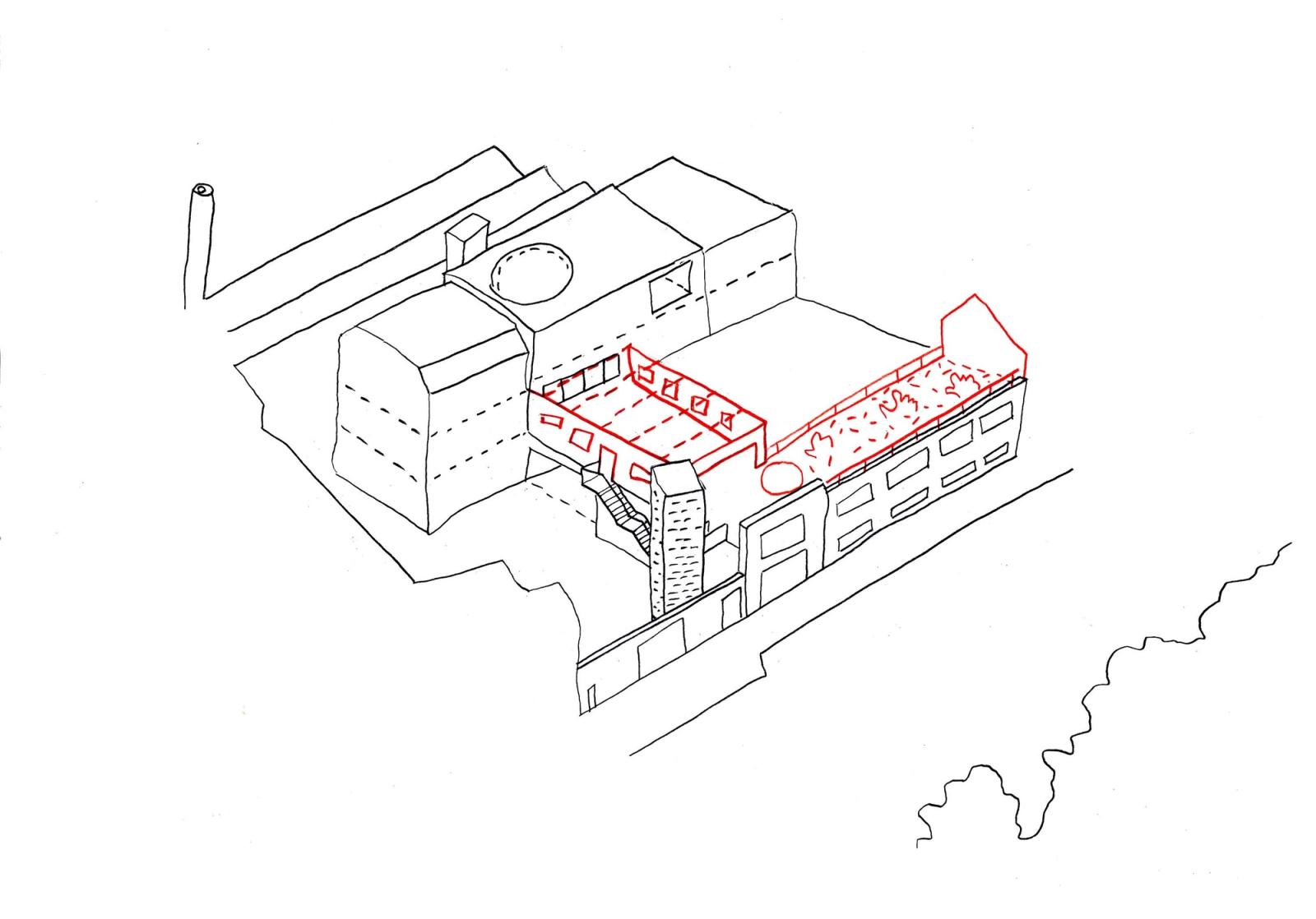Axonometric highlighting the rooftop intervention in red
