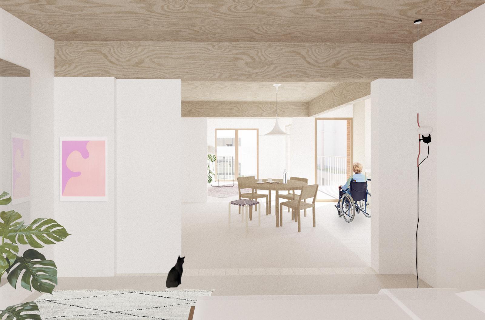 Living and dining room beneath an exposed timber ceiling