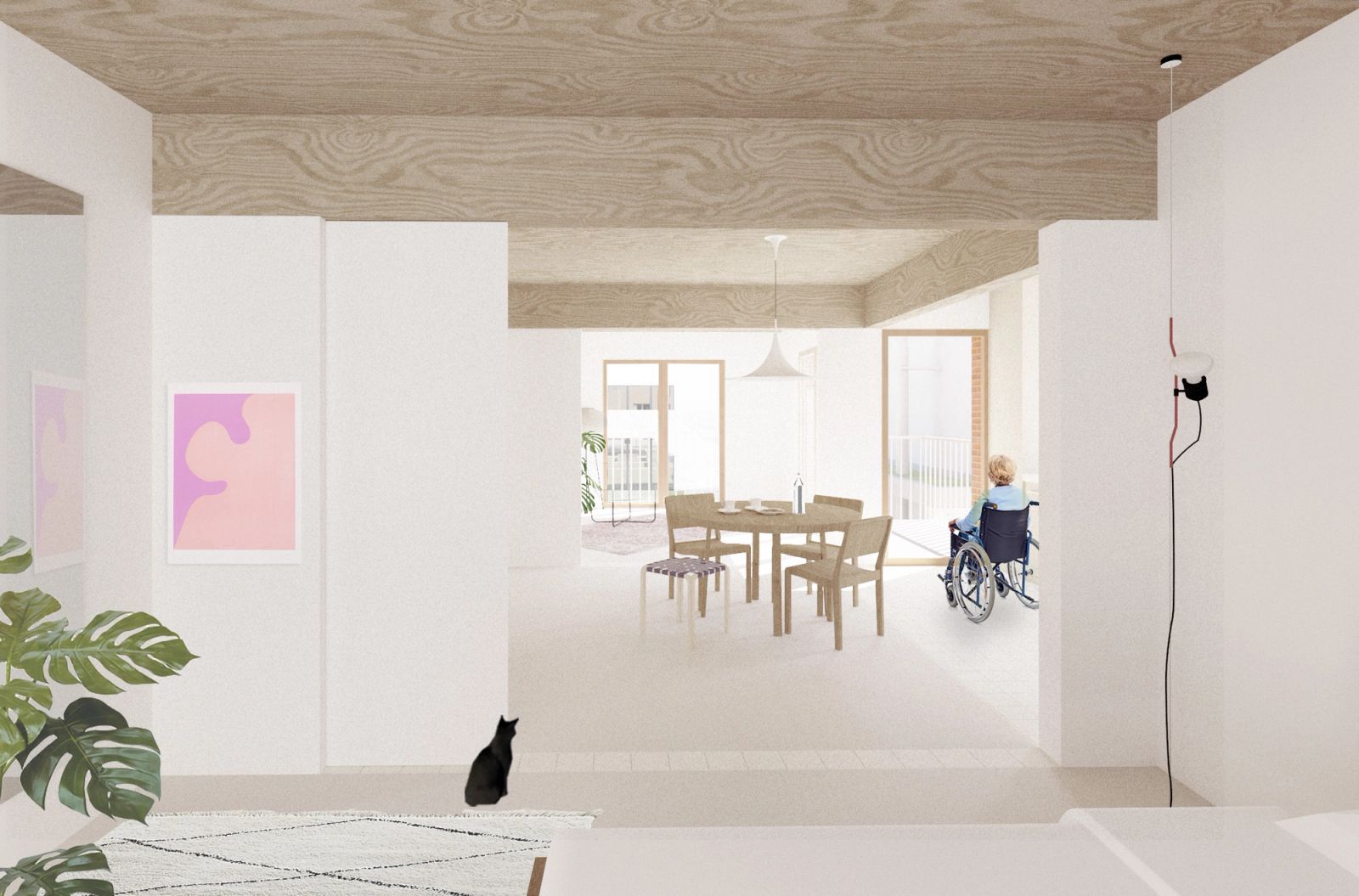 Living and dining room beneath an exposed timber ceiling
