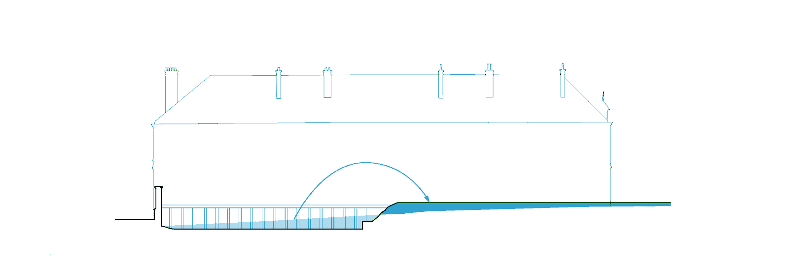 Section diagram with a blue route crossing the ground level