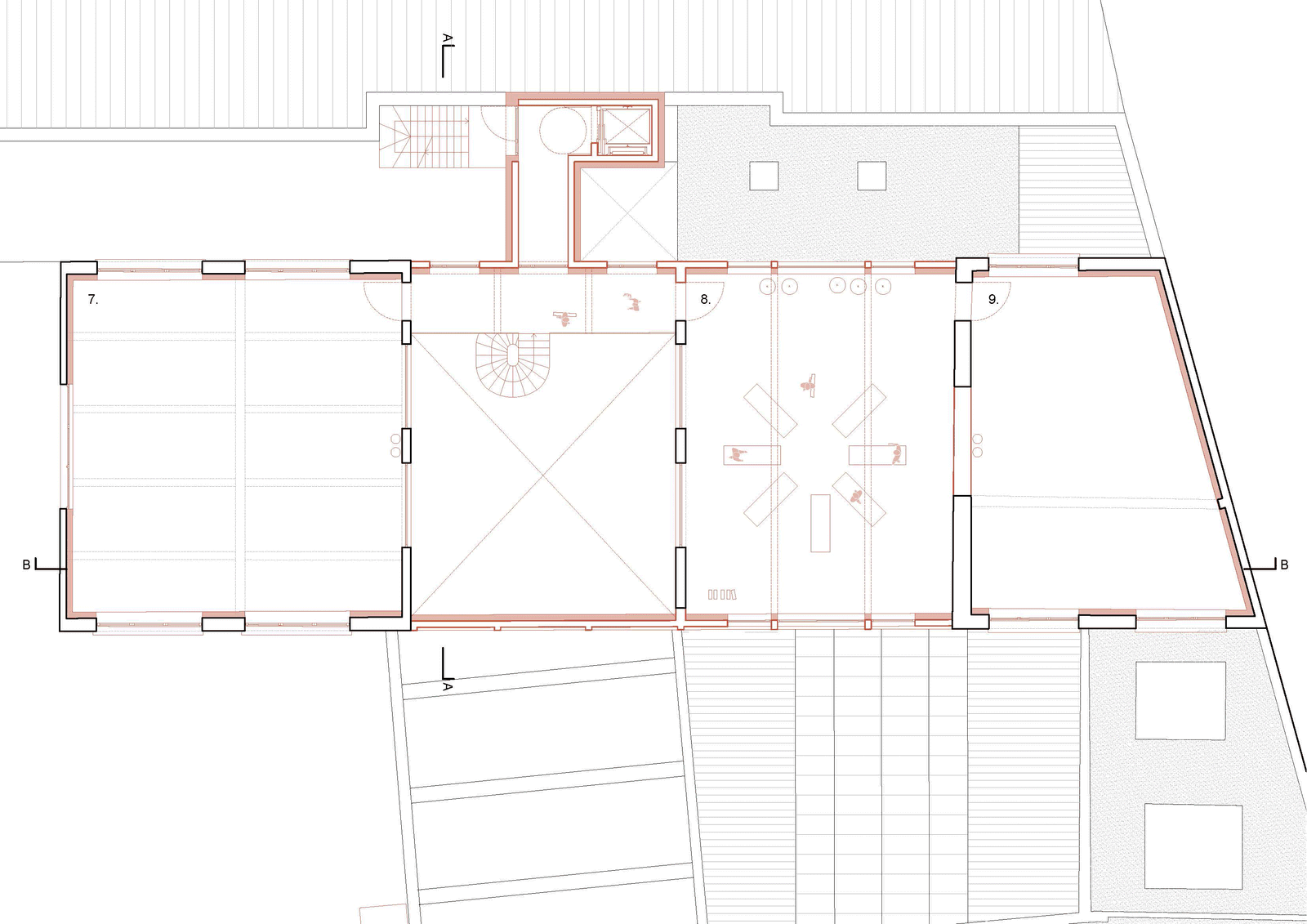 Upper plan of classrooms and circulation around the hall void