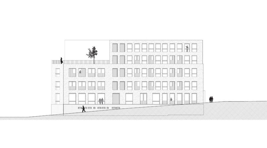 Façade elevation of the regular window grid on sloping ground