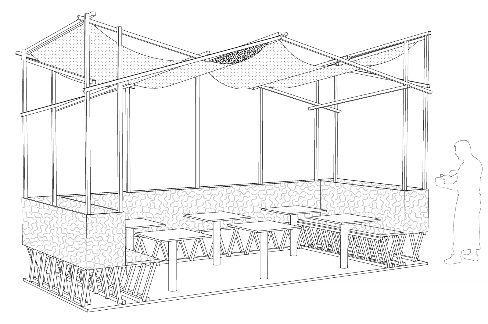 Perspective drawing of the open pavilion with benches and shade cloth
