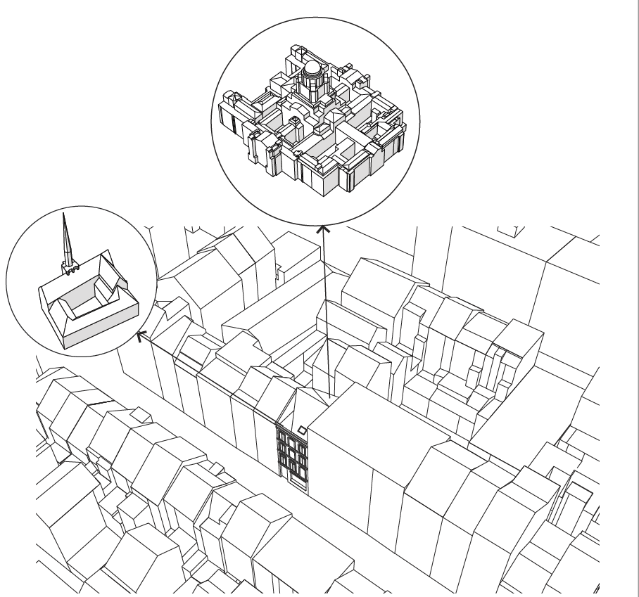 Context axonometric highlighting the narrow infill house in a row