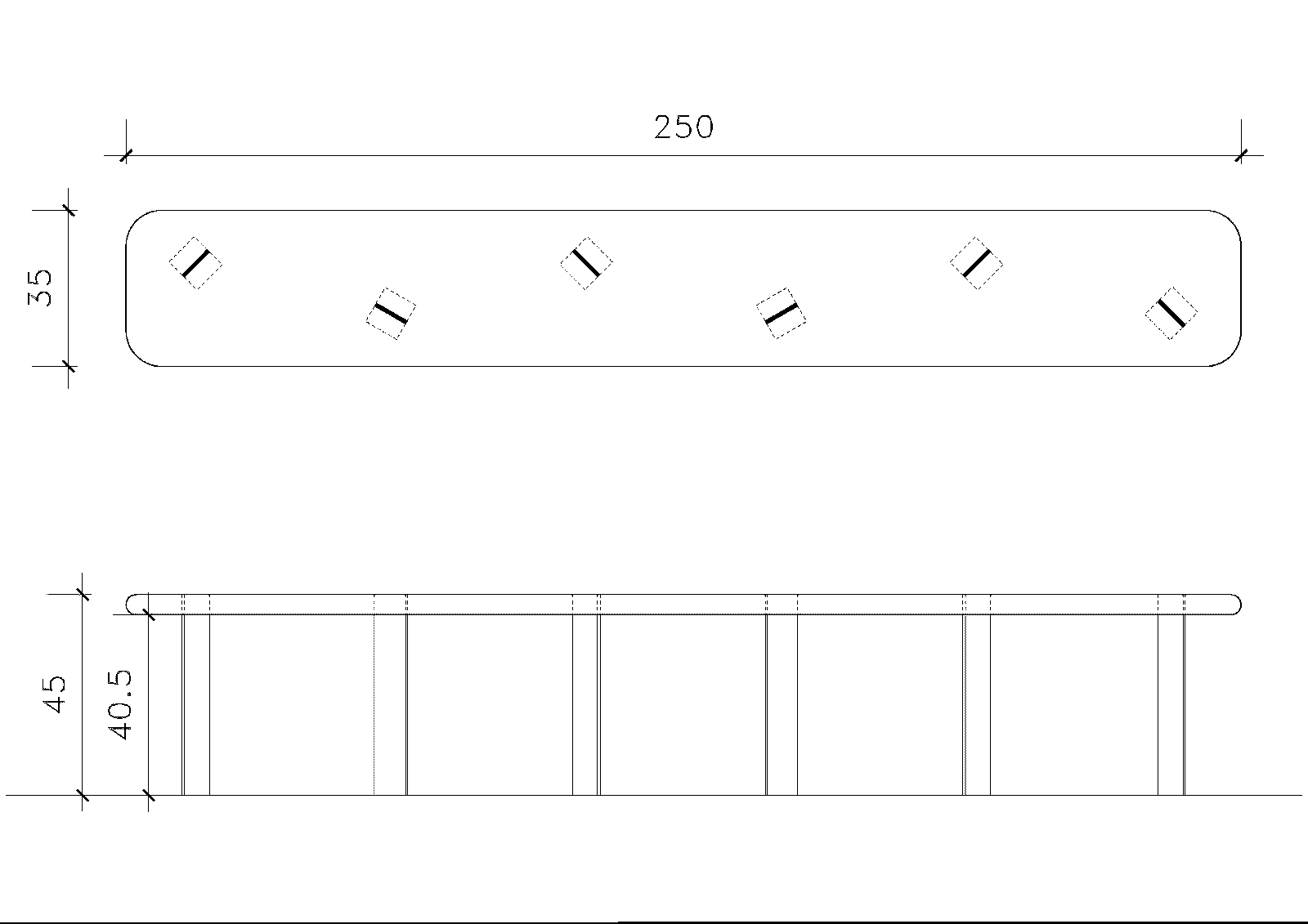 Plan and elevation of a rounded table with diagonal fittings