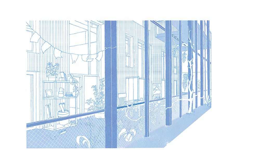 Blue perspective drawing of a planted glazed circulation gallery