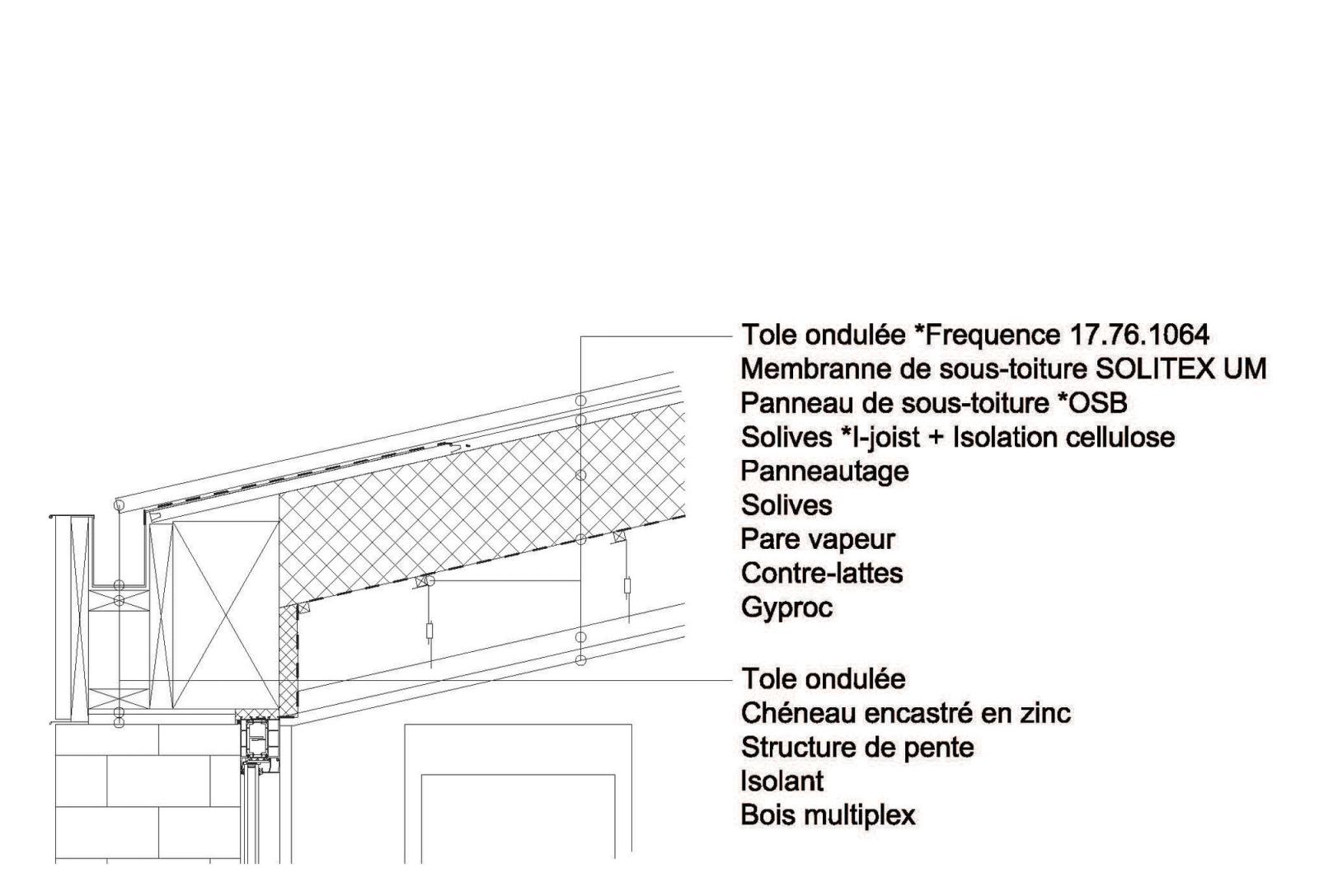 Construction detail through the projecting roof eave