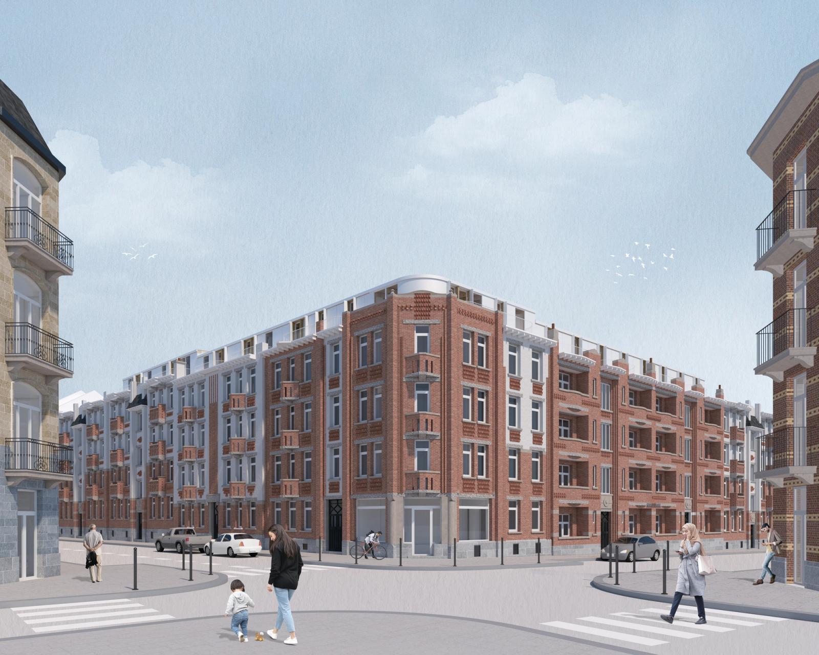 Street view of the restored red brick residential block