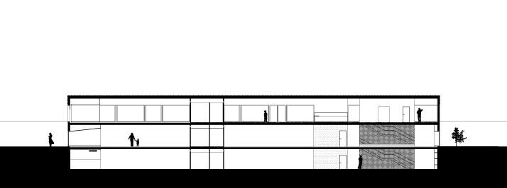 Longitudinal section through the low concrete house and terrain