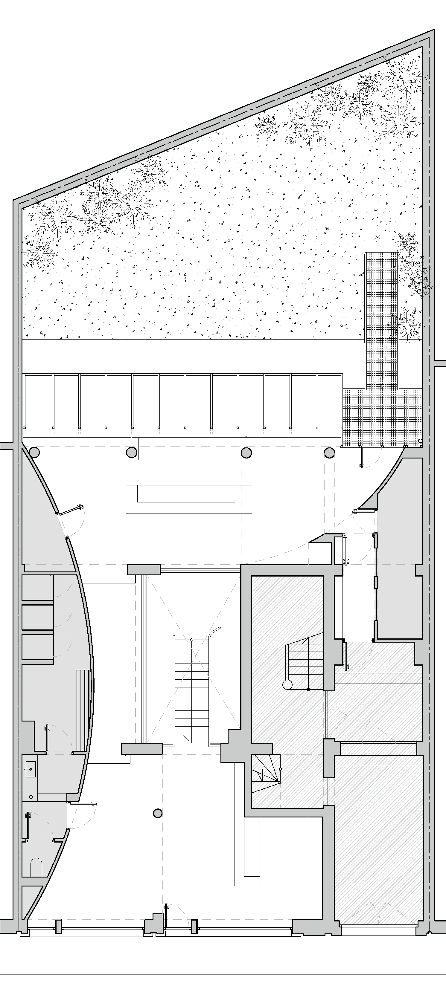 Ground-floor plan of a narrow gym beneath the existing building