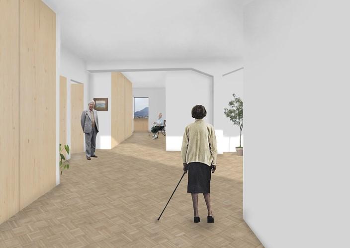 Care-home corridor with timber wall panels and recessed doorways
