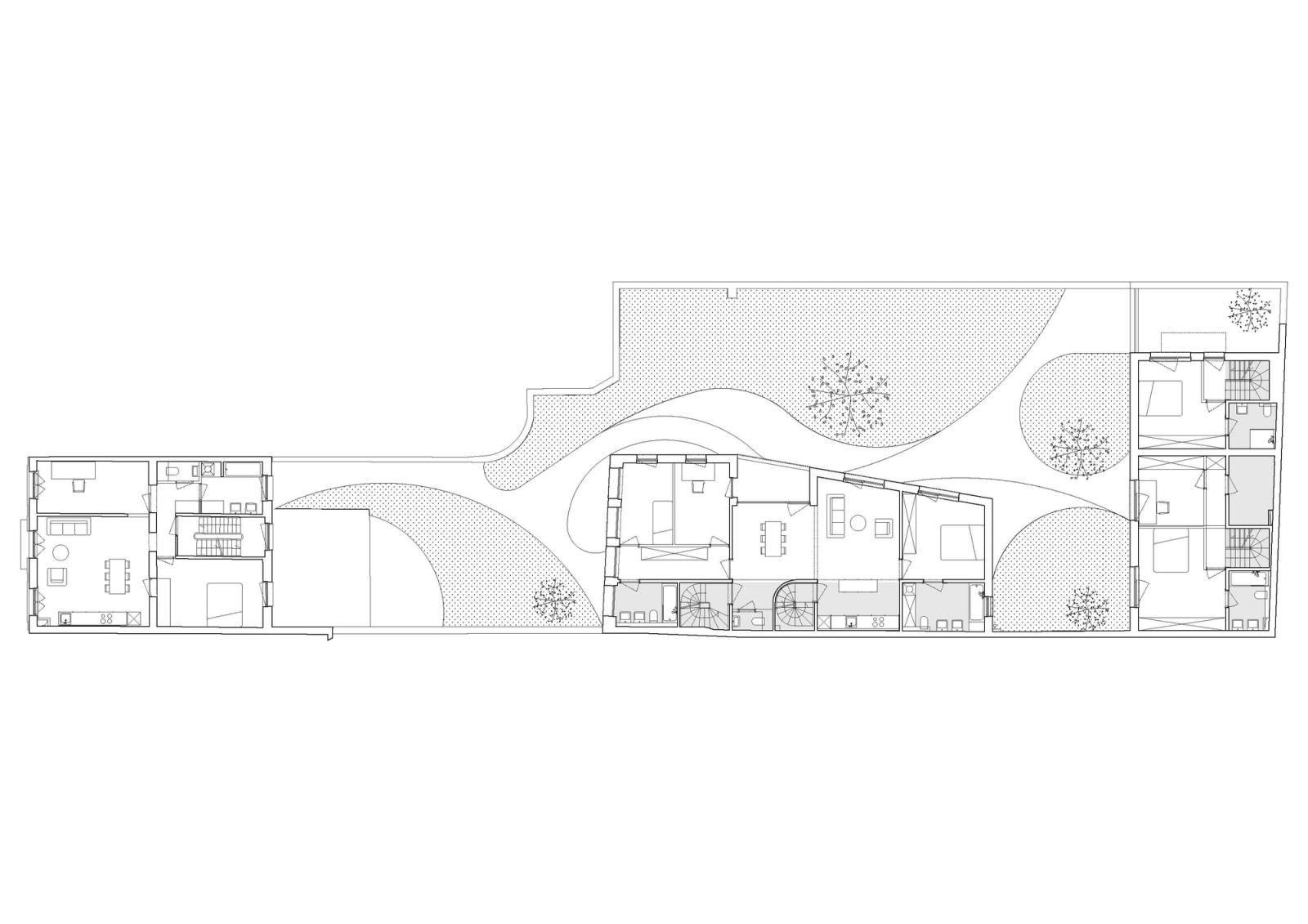 Alternative ground plan of the rooms and landscaped courtyard