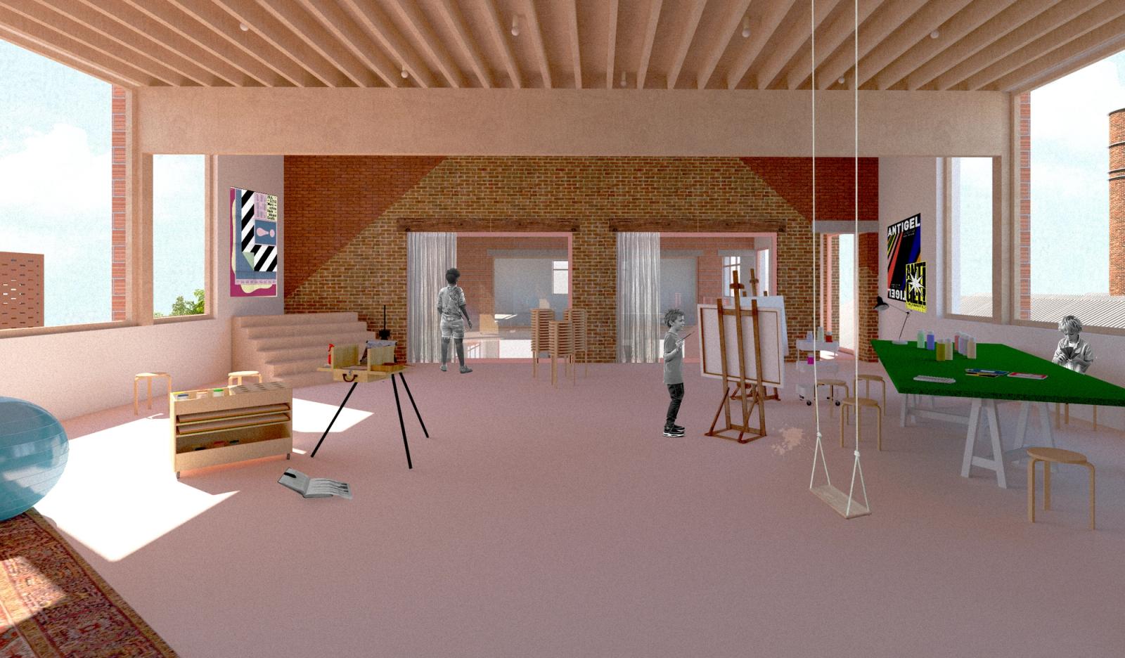 Flexible school room with timber ceiling and red masonry walls