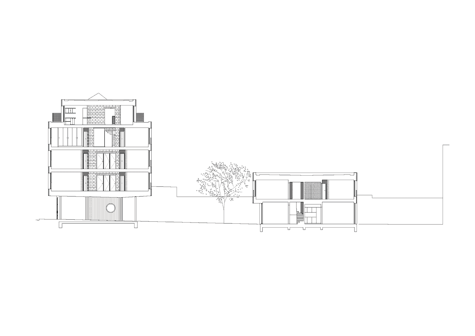 Section through a multi-storey house and a small garden annex
