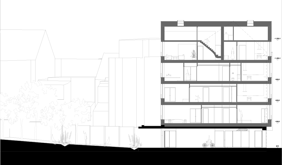 Building section through a narrow urban apartment block