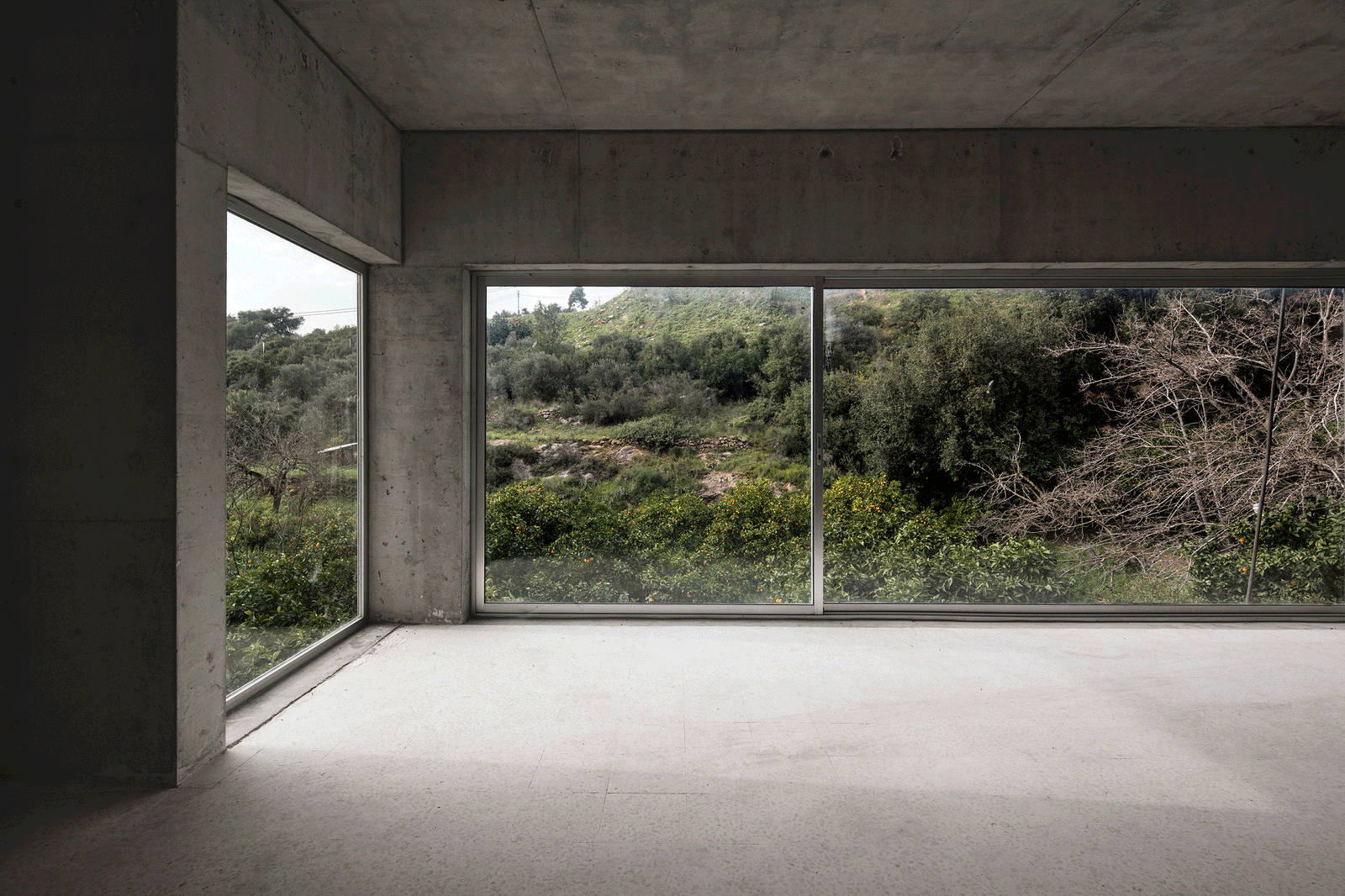 Corner room with two glazed walls facing the hillside