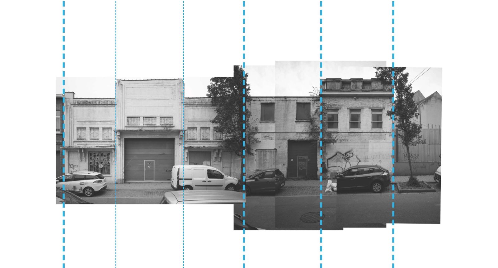 Photographic survey dividing the existing storefronts into structural bays