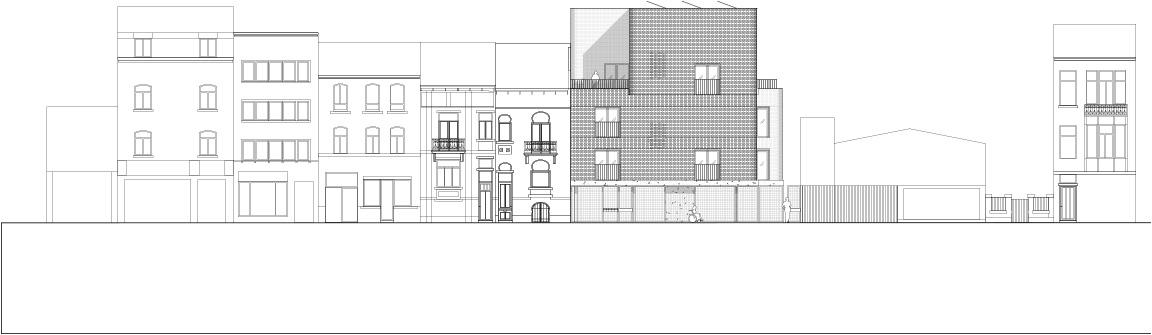 Street elevation of the new housing block among neighboring façades