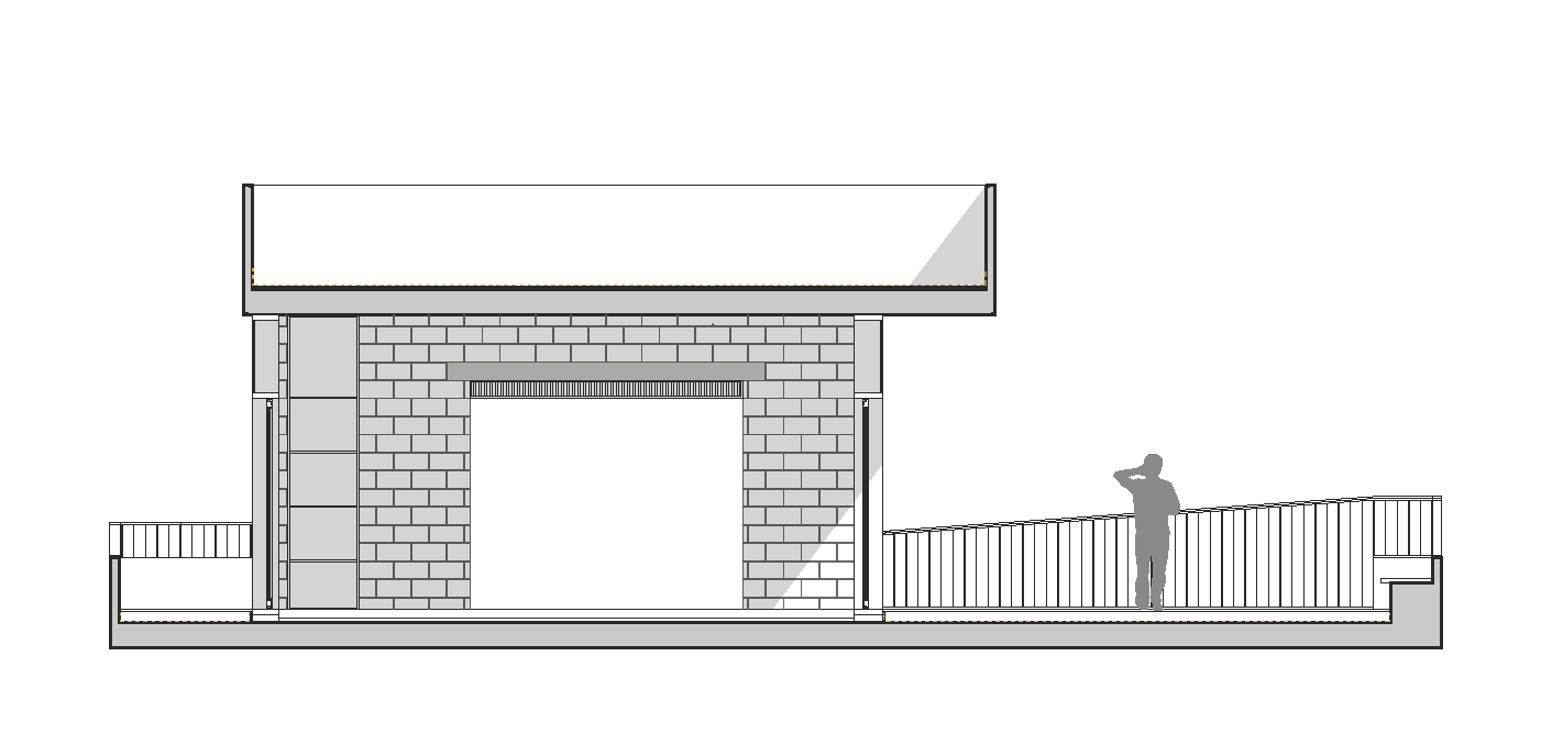 Elevation of a compact rooftop room above a terrace railing