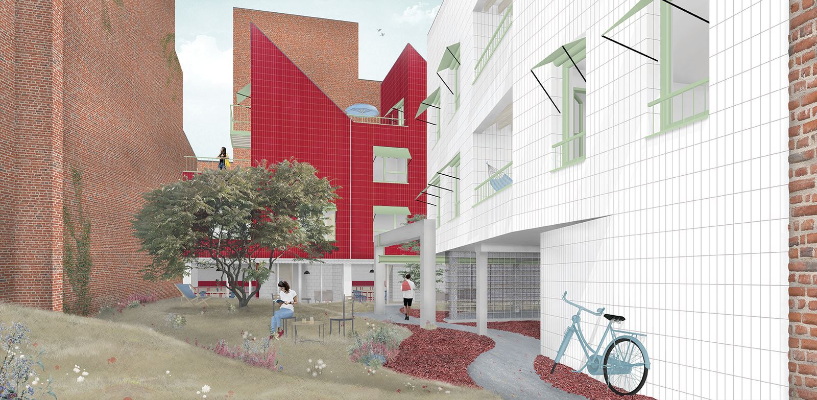 Exterior view of a red-tiled addition beside a white residential wing