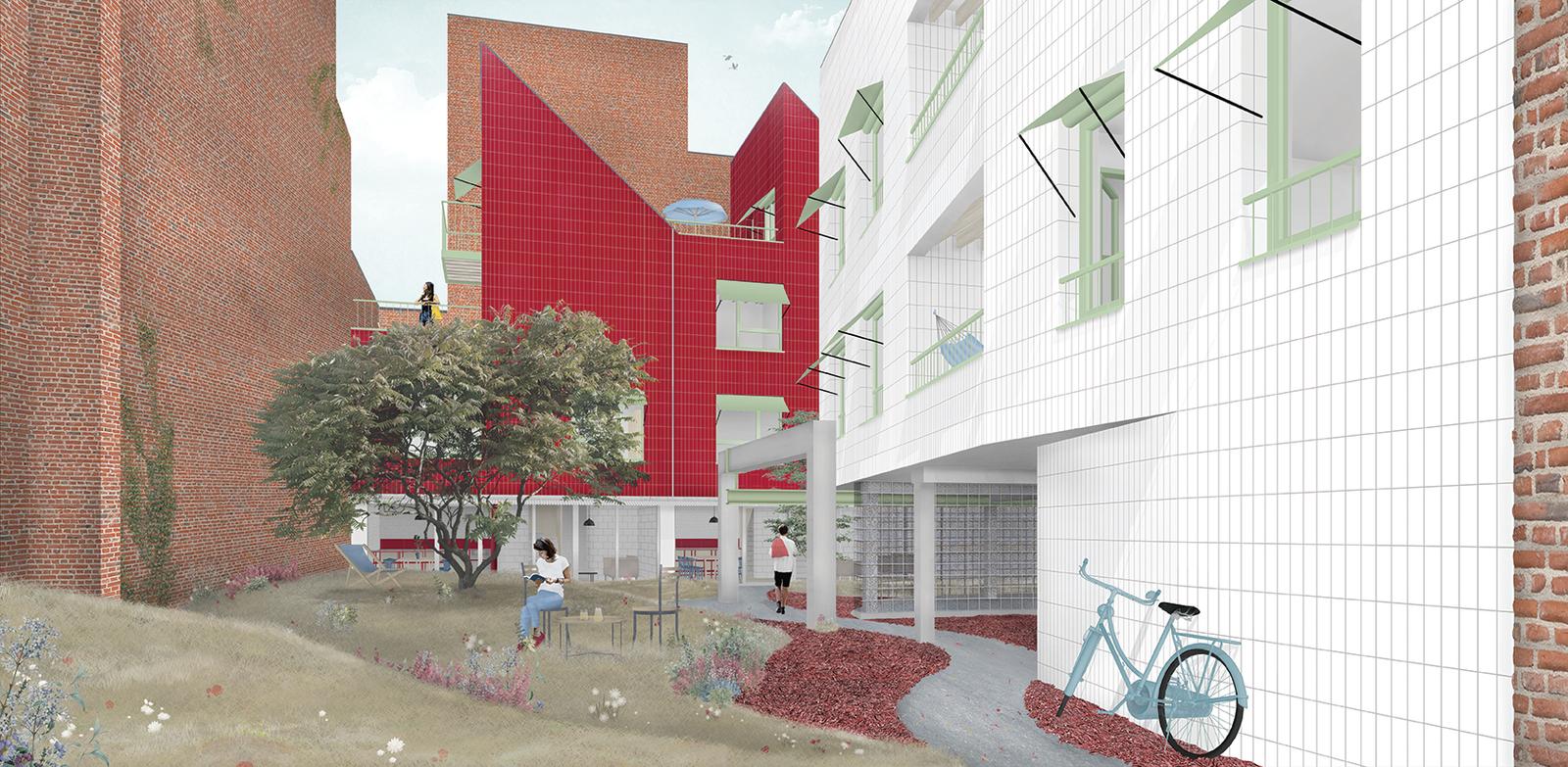Exterior view of a red-tiled addition beside a white residential wing
