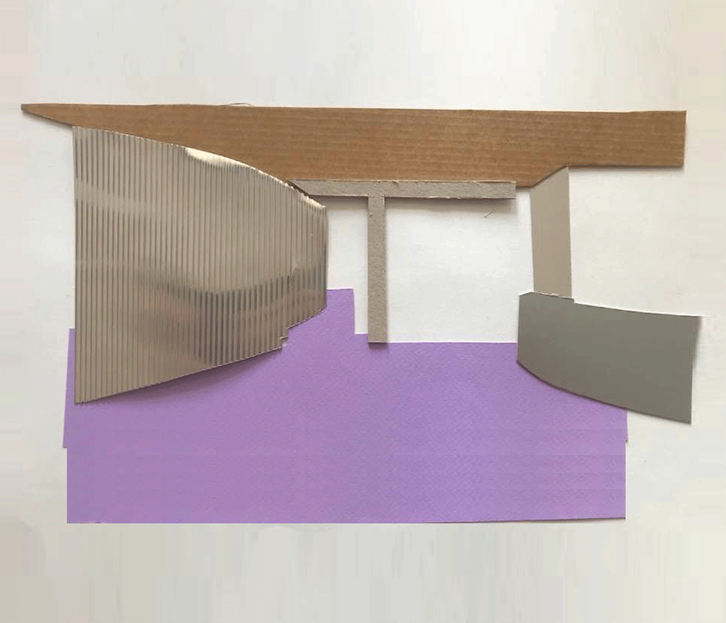 Physical exhibition model with a curved wall beneath a timber canopy