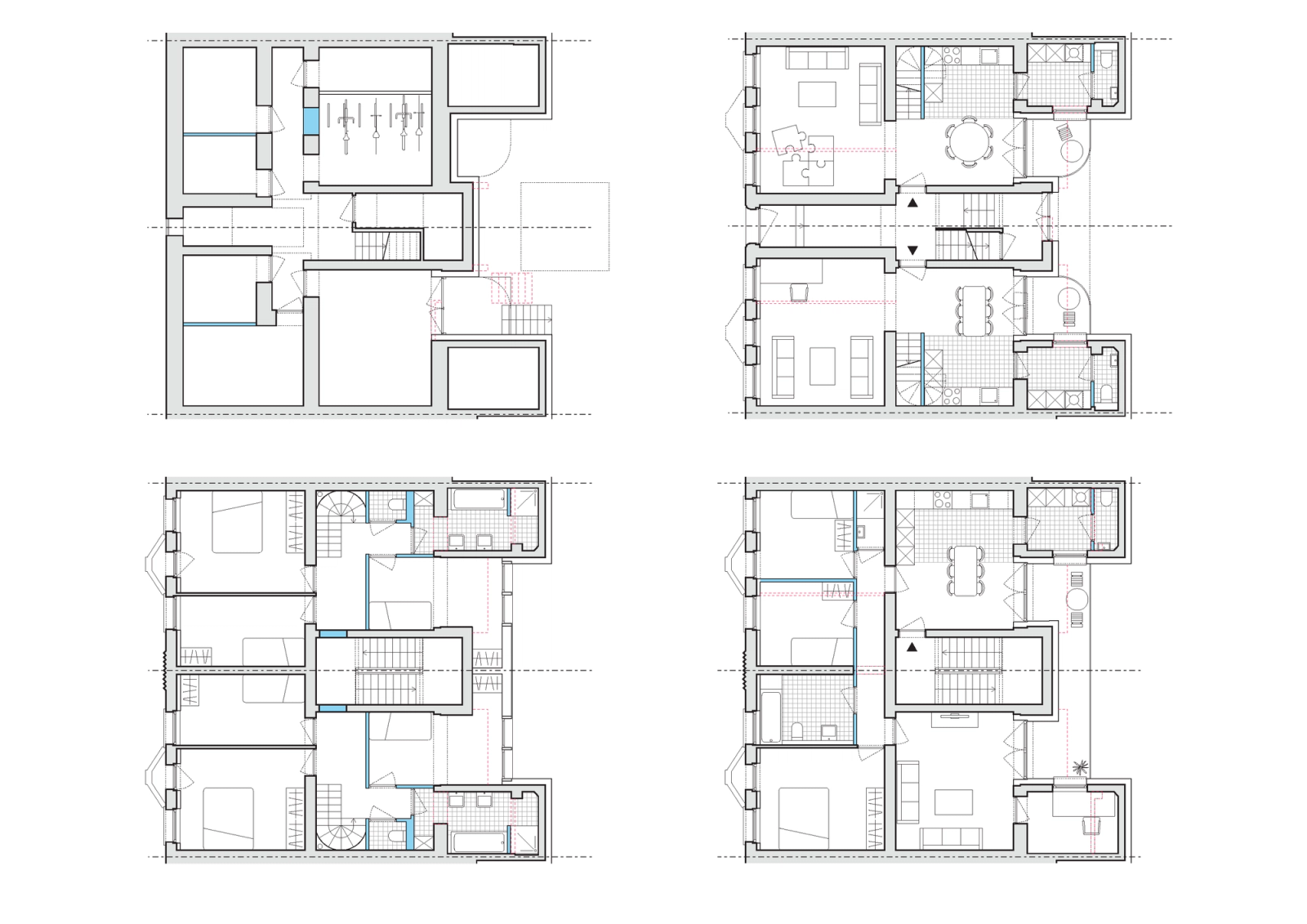 Apartment floor plans organized around central stairs and services