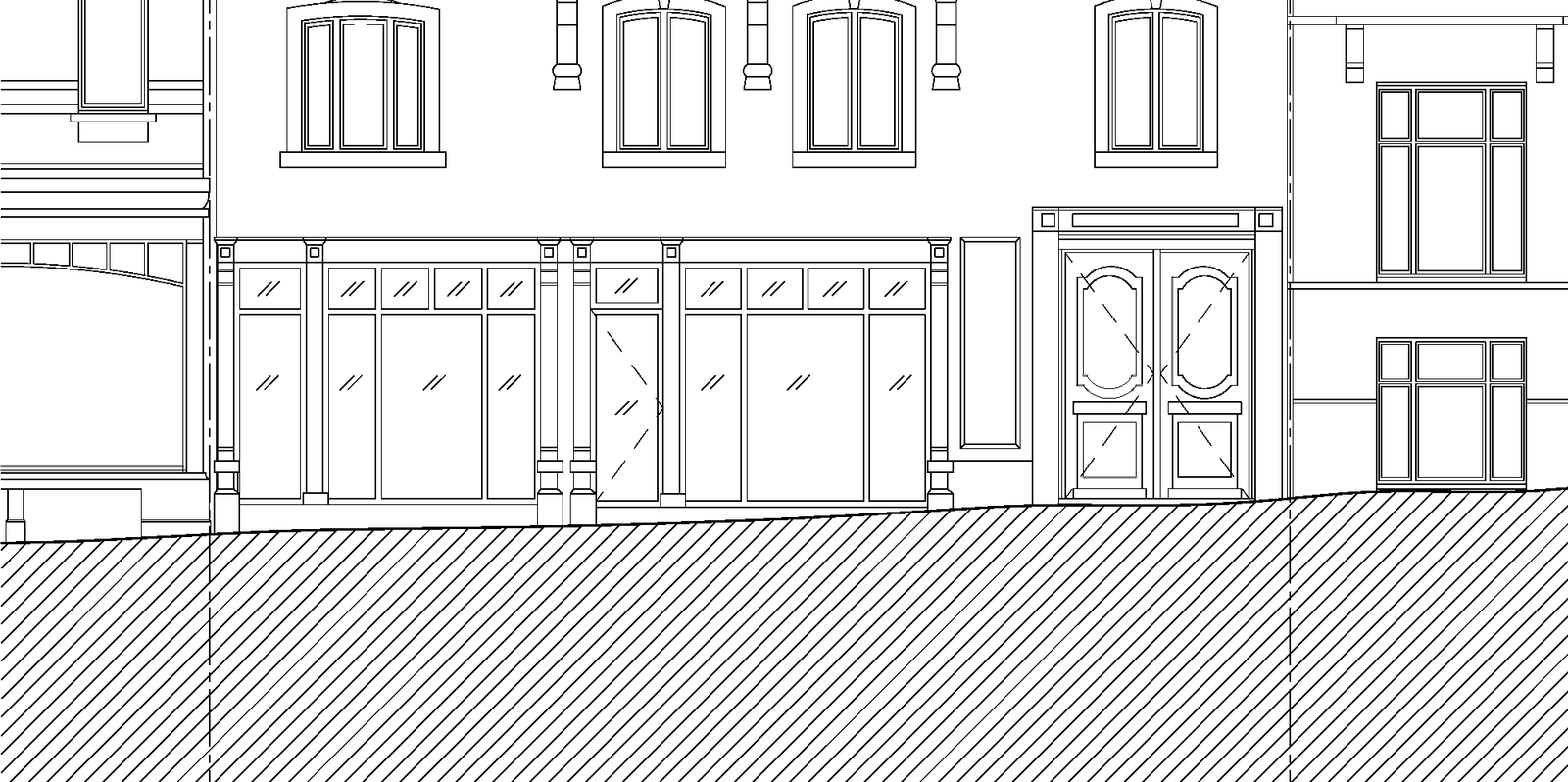 Street elevation of the retained façade and new glazed entrance