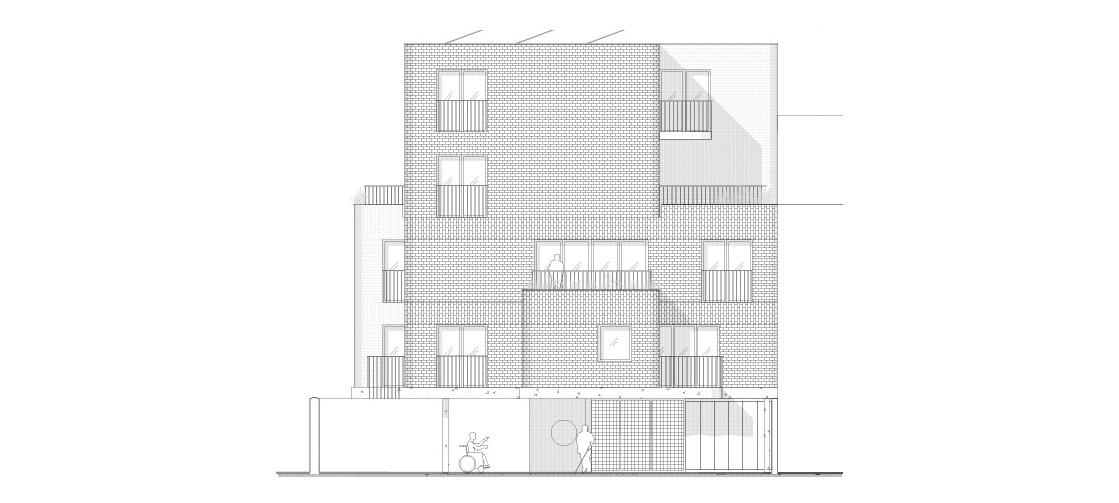 Rear elevation with staggered windows and projecting balconies