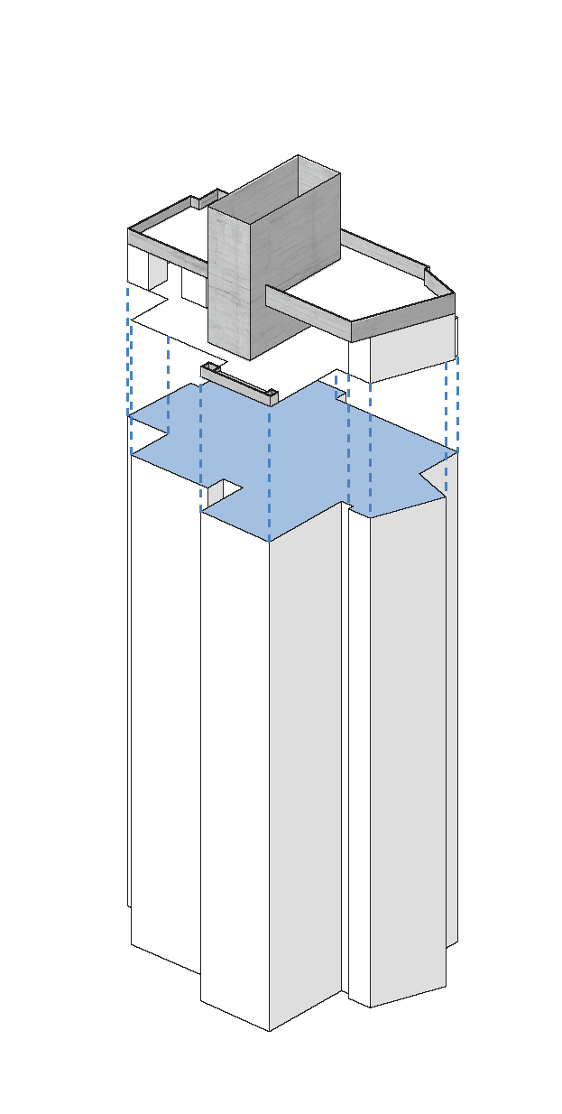 Axonometric showing a new platform around an existing water-tank tower